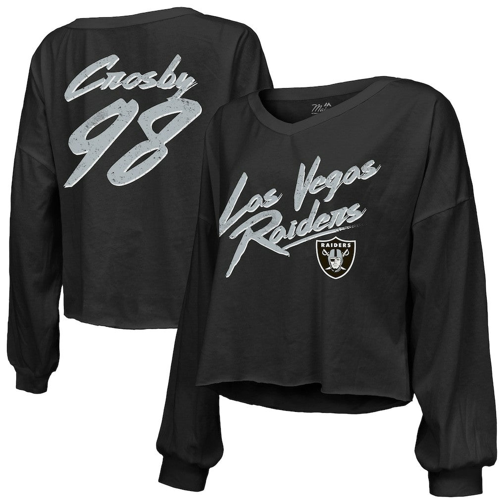 Las Vegas Raiders Maxx Crosby  Majestic Threads Women's Name & Number Off-Shoulder Script Cropped Long Sleeve Relaxed V-Neck T-Shirt | NFL Discount