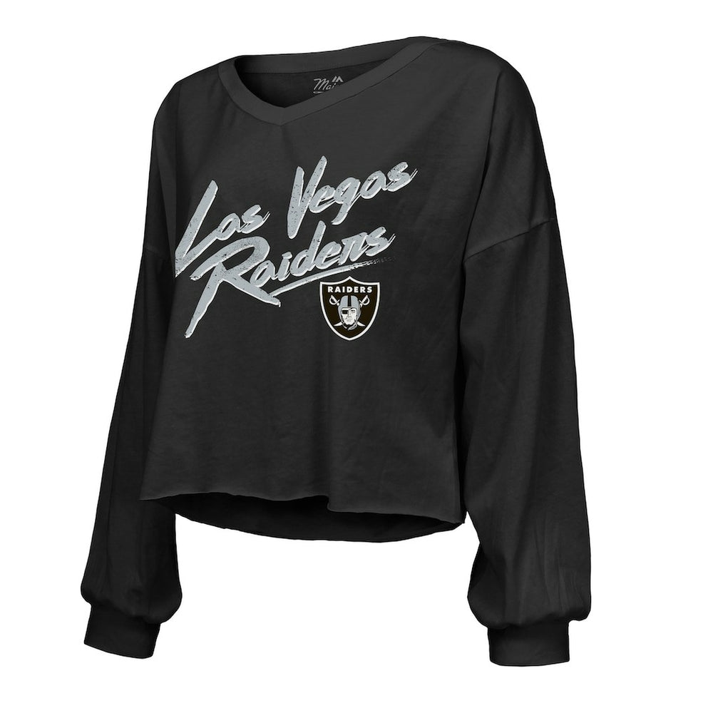 Las Vegas Raiders Maxx Crosby  Majestic Threads Women's Name & Number Off-Shoulder Script Cropped Long Sleeve Relaxed V-Neck T-Shirt | NFL Discount