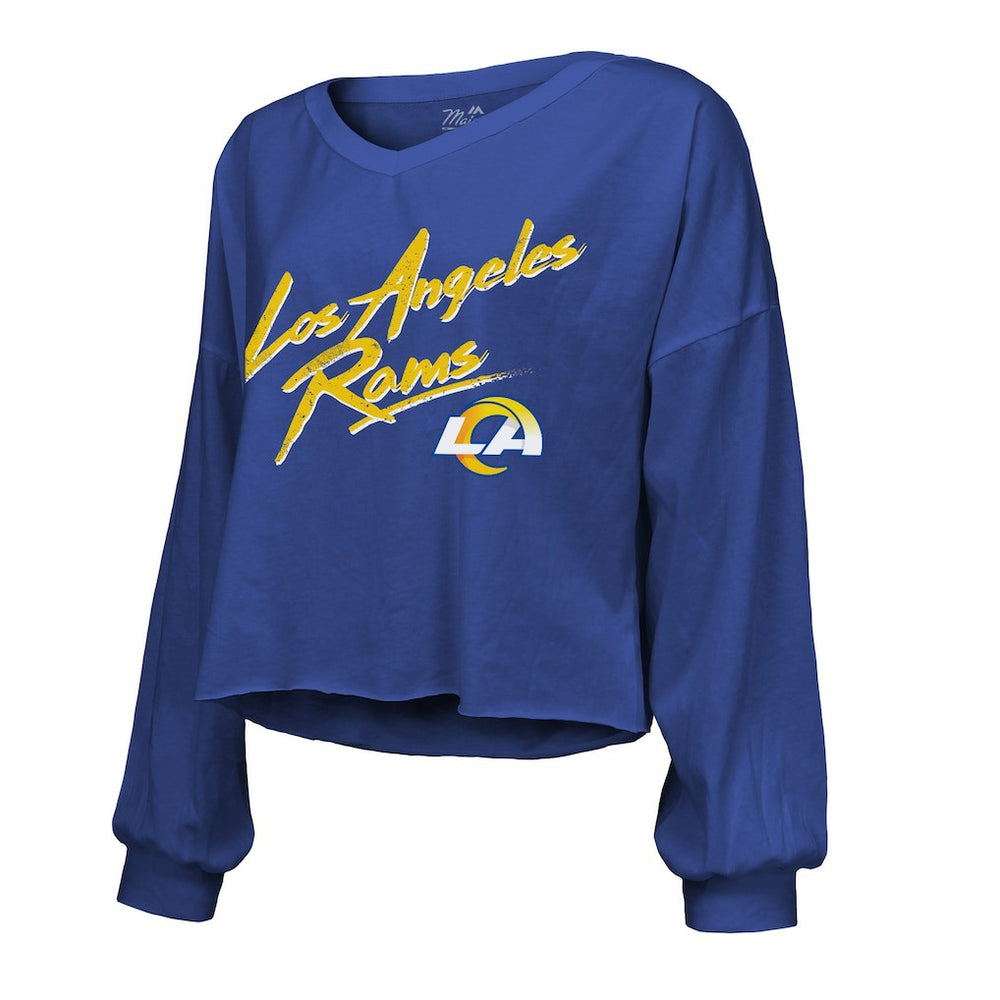 Los Angeles Rams Puka Nacua  Majestic Threads Women's Off-Shoulder Script Player Name & Number Cropped Long Sleeve V-Neck T-Shirt | NFL Near me
