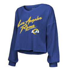Los Angeles Rams Puka Nacua  Majestic Threads Women's Off-Shoulder Script Player Name & Number Cropped Long Sleeve V-Neck T-Shirt | NFL Near me