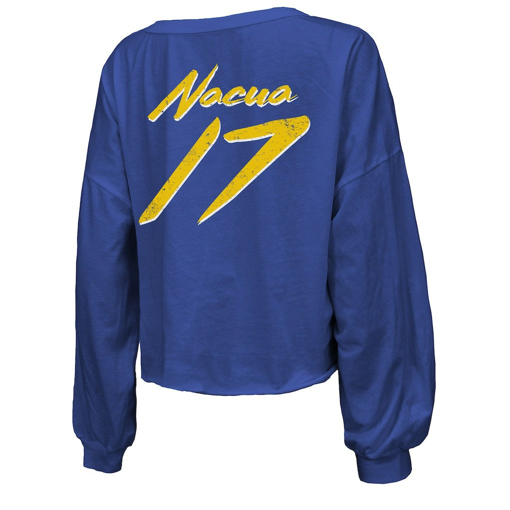 Los Angeles Rams Puka Nacua  Majestic Threads Women's Off-Shoulder Script Player Name & Number Cropped Long Sleeve V-Neck T-Shirt | NFL Near me