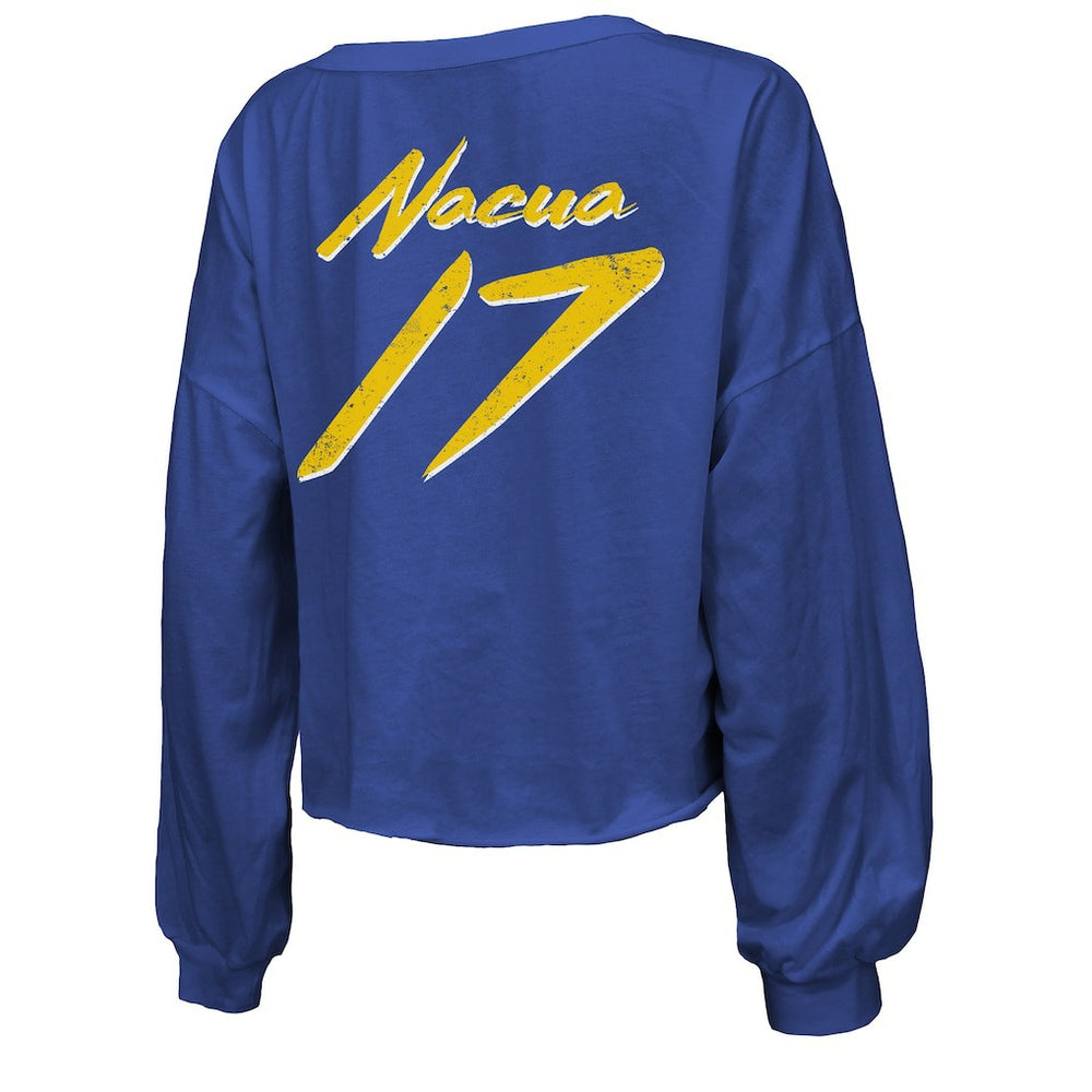 Los Angeles Rams Puka Nacua  Majestic Threads Women's Off-Shoulder Script Player Name & Number Cropped Long Sleeve V-Neck T-Shirt | NFL Near me