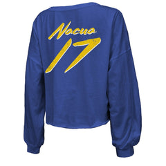 Los Angeles Rams Puka Nacua  Majestic Threads Women's Off-Shoulder Script Player Name & Number Cropped Long Sleeve V-Neck T-Shirt | NFL Near me