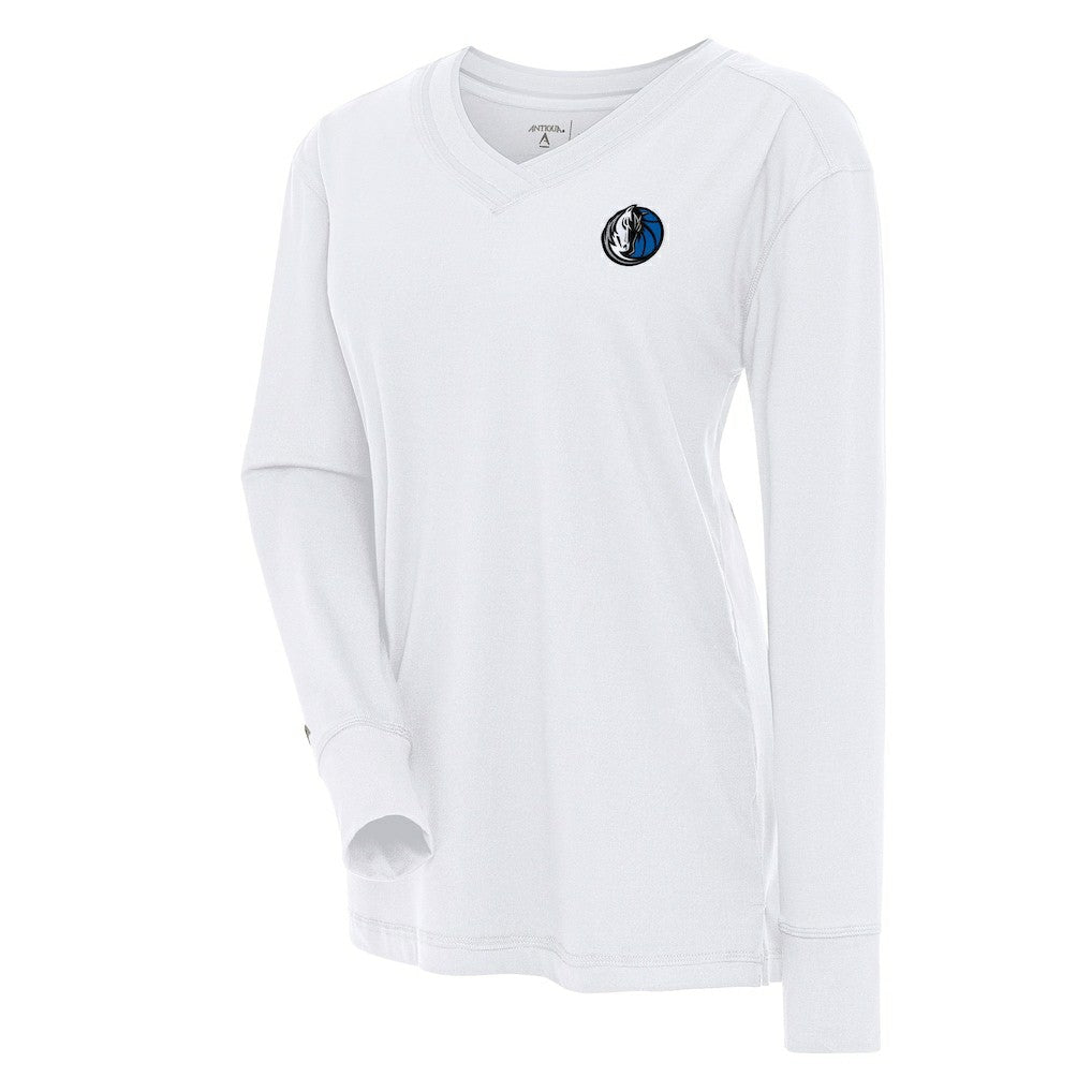White Dallas Mavericks Antigua Women's Symbolic Long Sleeve V-Neck Top sale | NBA