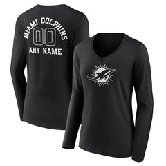 Miami Dolphins Women's Personalized Name & Number Monochrome Long Sleeve V-Neck T-Shirt | NFL Sale