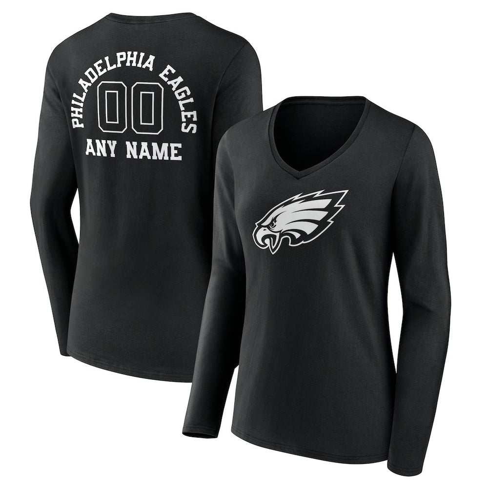 Philadelphia Eagles Women's Personalized Name & Number Monochrome Long Sleeve V-Neck T-Shirt | NFL Online