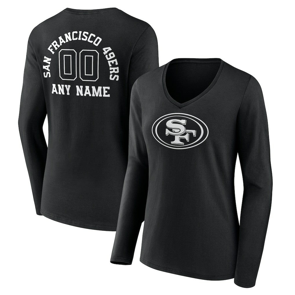 San Francisco 49ers Women's Personalized Name & Number Monochrome Long Sleeve V-Neck T-Shirt | NFL Sale