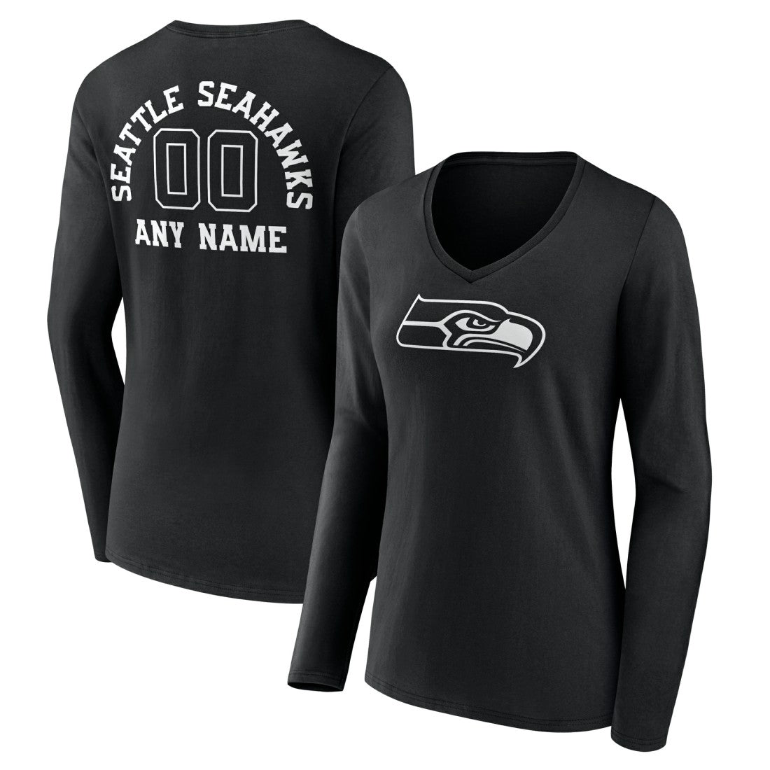 Seattle Seahawks Women's Personalized Name & Number Monochrome Long Sleeve V-Neck T-Shirt | NFL Outlet