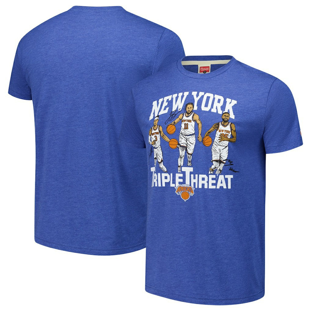 Royal Josh Hart/Mikal Bridges/Jalen Brunson New York Knicks Homage Unisex Triple Threat Tri-Blend T-Shirt | NBA