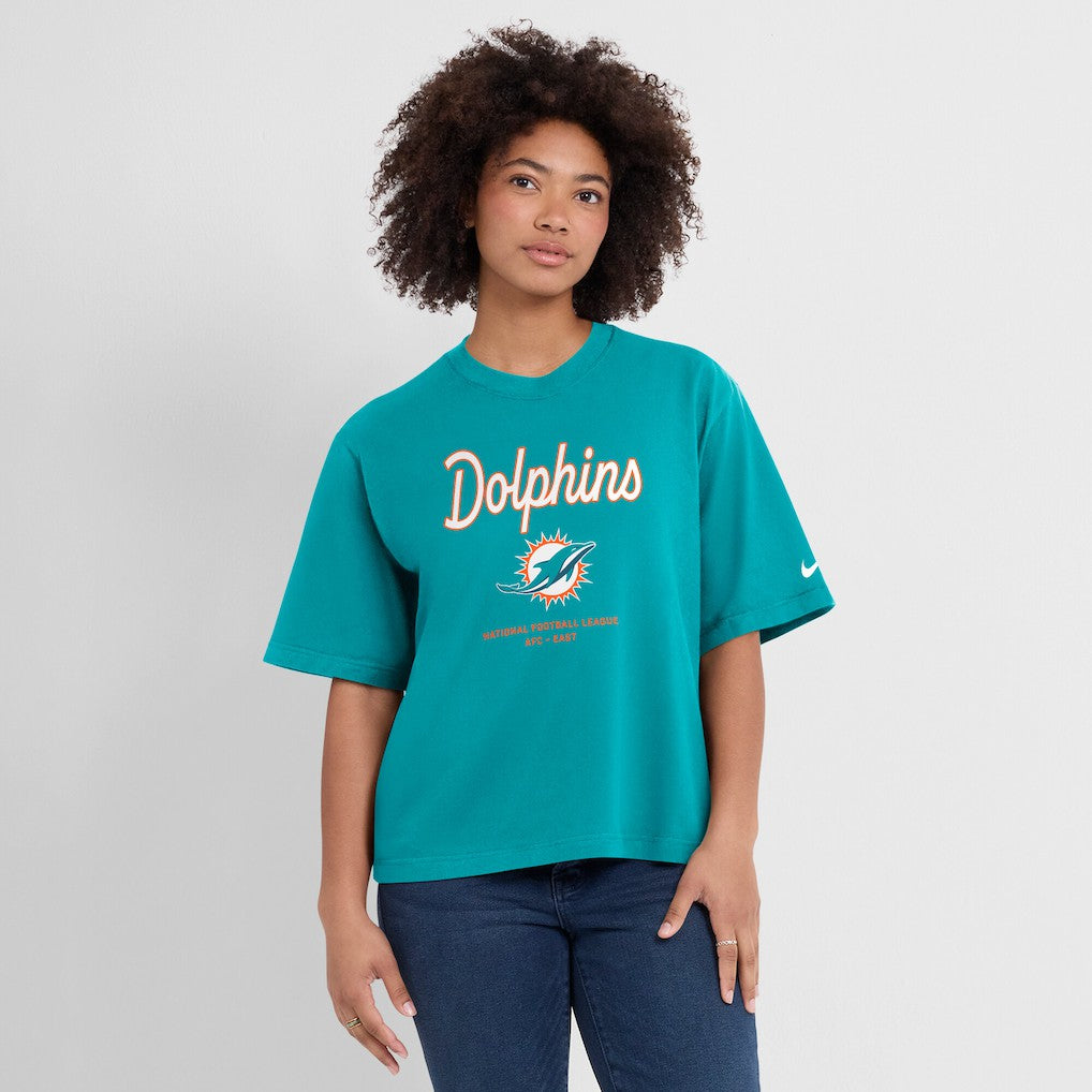 Miami Dolphins Women's Essential Script Relaxed Boxy T-Shirt | NFL Hot