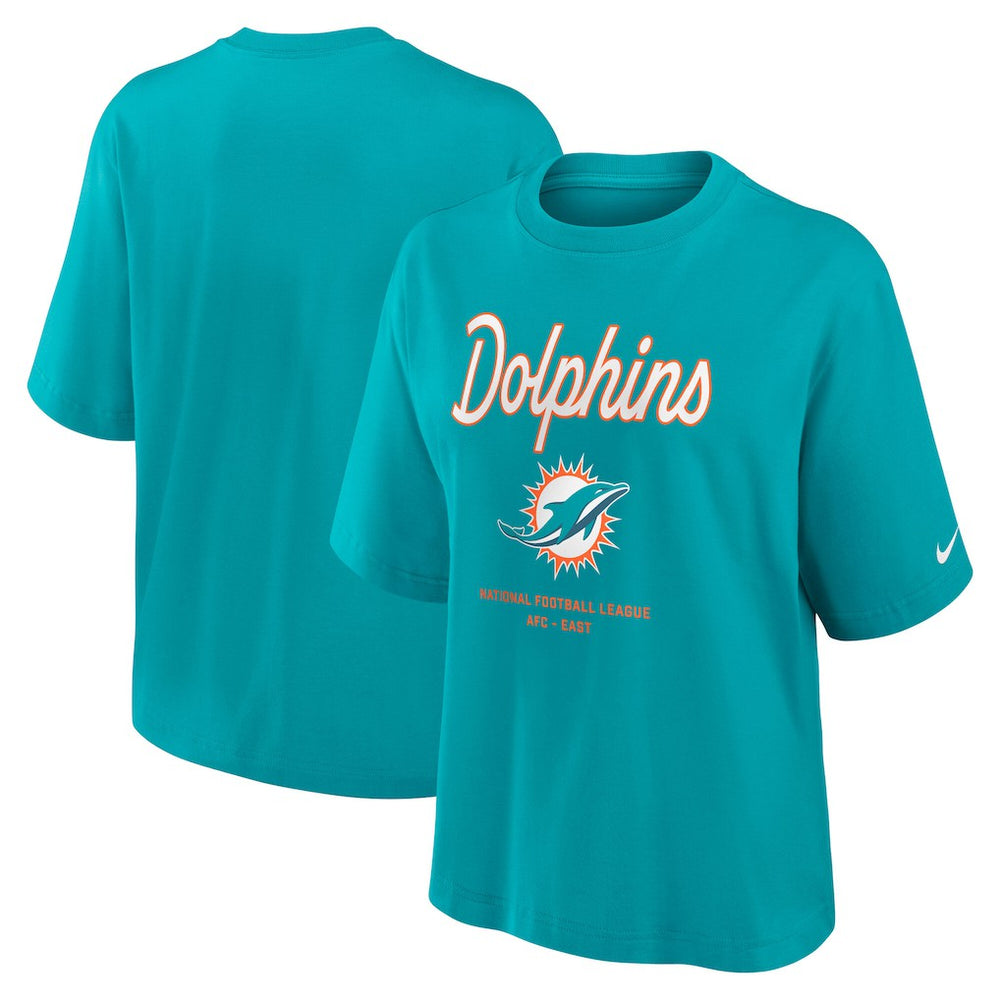 Miami Dolphins Women's Essential Script Relaxed Boxy T-Shirt | NFL Hot