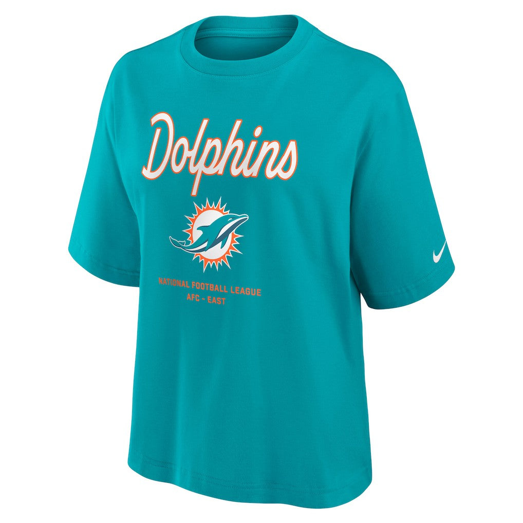 Miami Dolphins Women's Essential Script Relaxed Boxy T-Shirt | NFL Hot