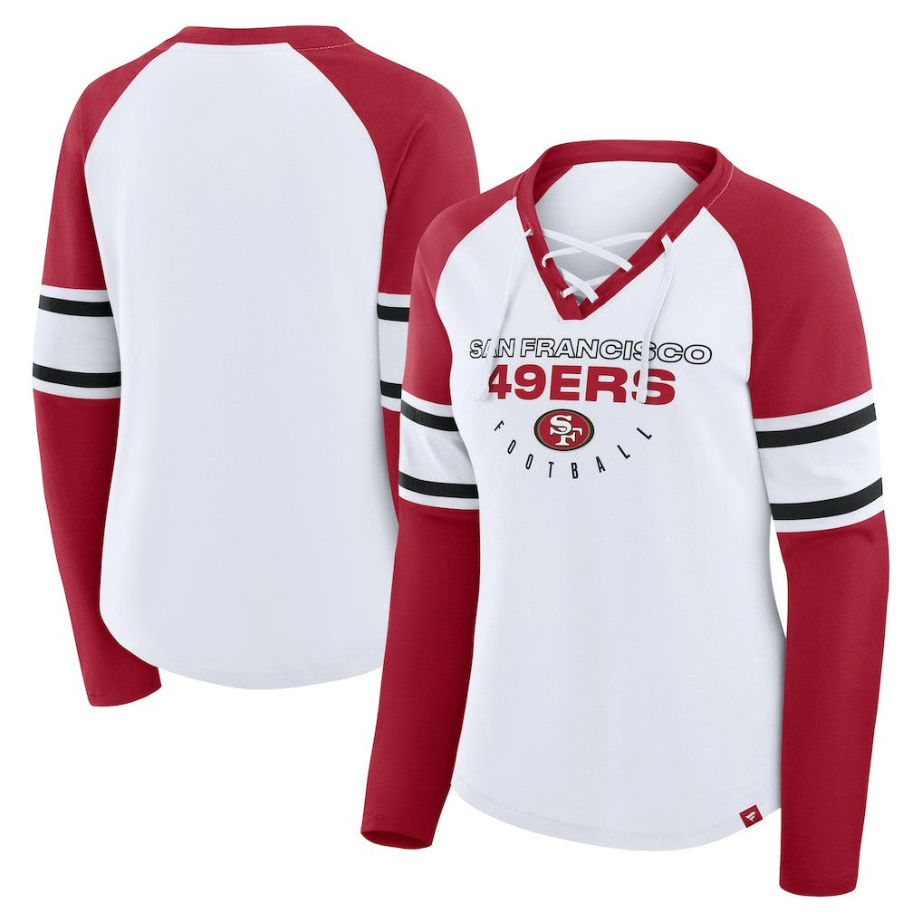 San Francisco 49ers Women's Redzone Blitz Package Raglan Lace-Up V-Neck Long Sleeve T-Shirt | NFL Online