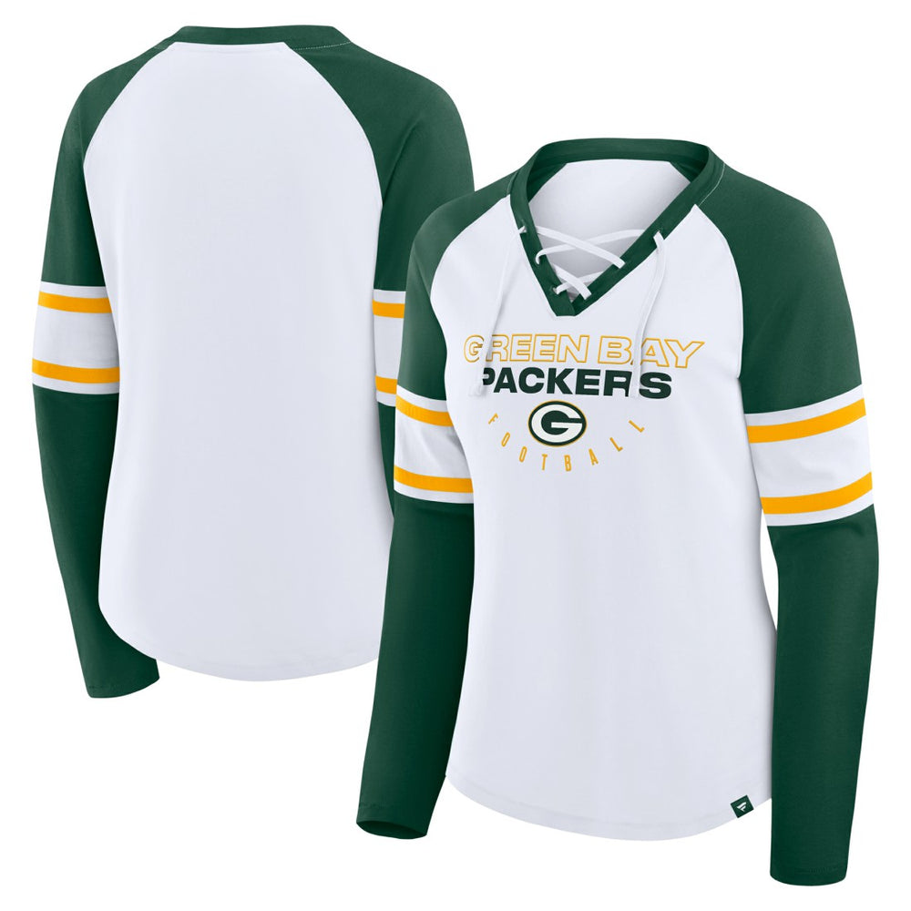 Green Bay Packers Women's Redzone Blitz Package Raglan Lace-Up V-Neck Long Sleeve T-Shirt | NFL Discount