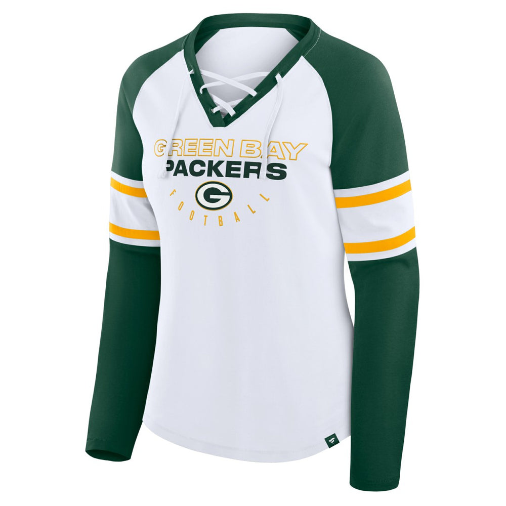 Green Bay Packers Women's Redzone Blitz Package Raglan Lace-Up V-Neck Long Sleeve T-Shirt | NFL Discount