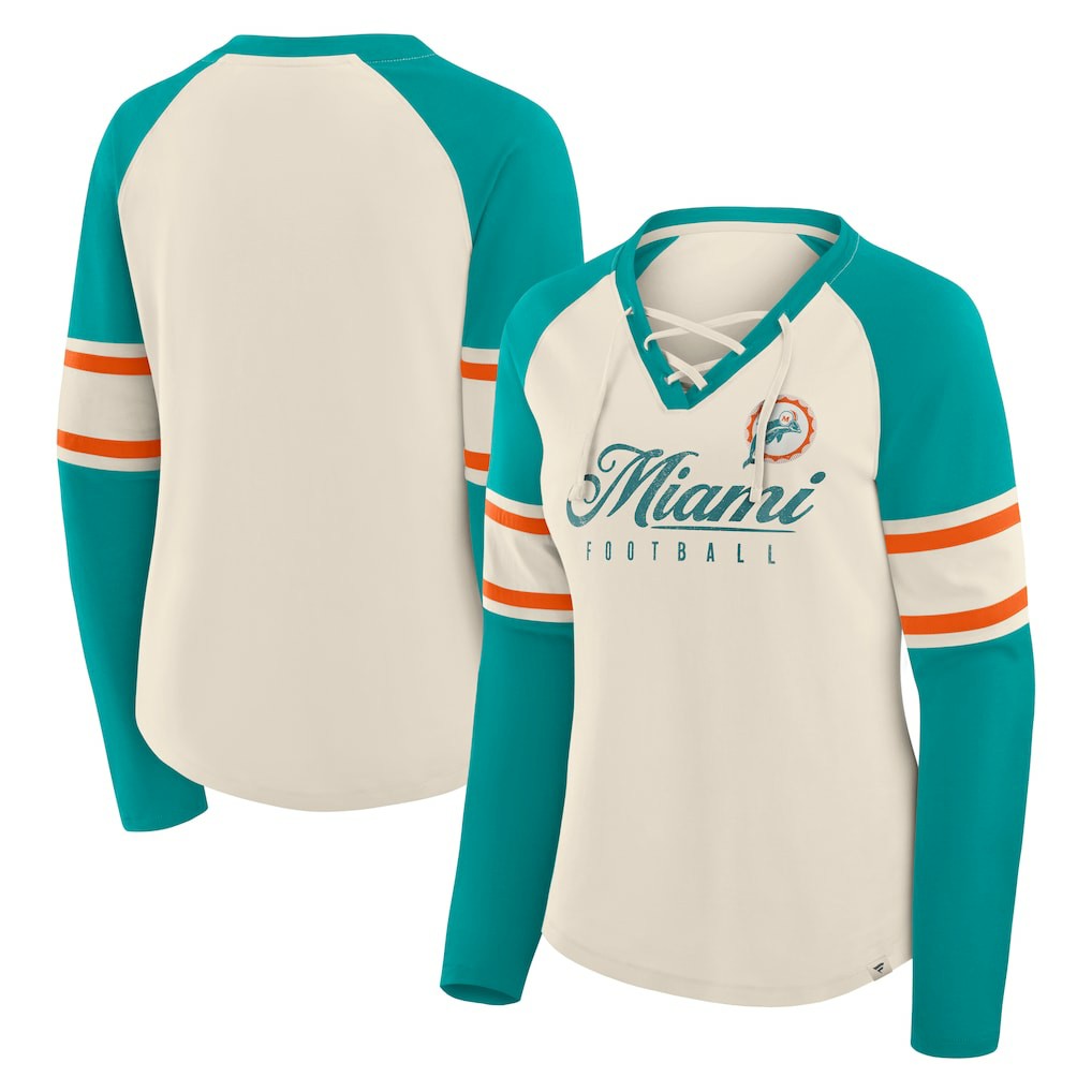 Miami Dolphins Women's Hometown Gridiron Hero Raglan Lace-Up V-Neck Long Sleeve T-Shirt | NFL US