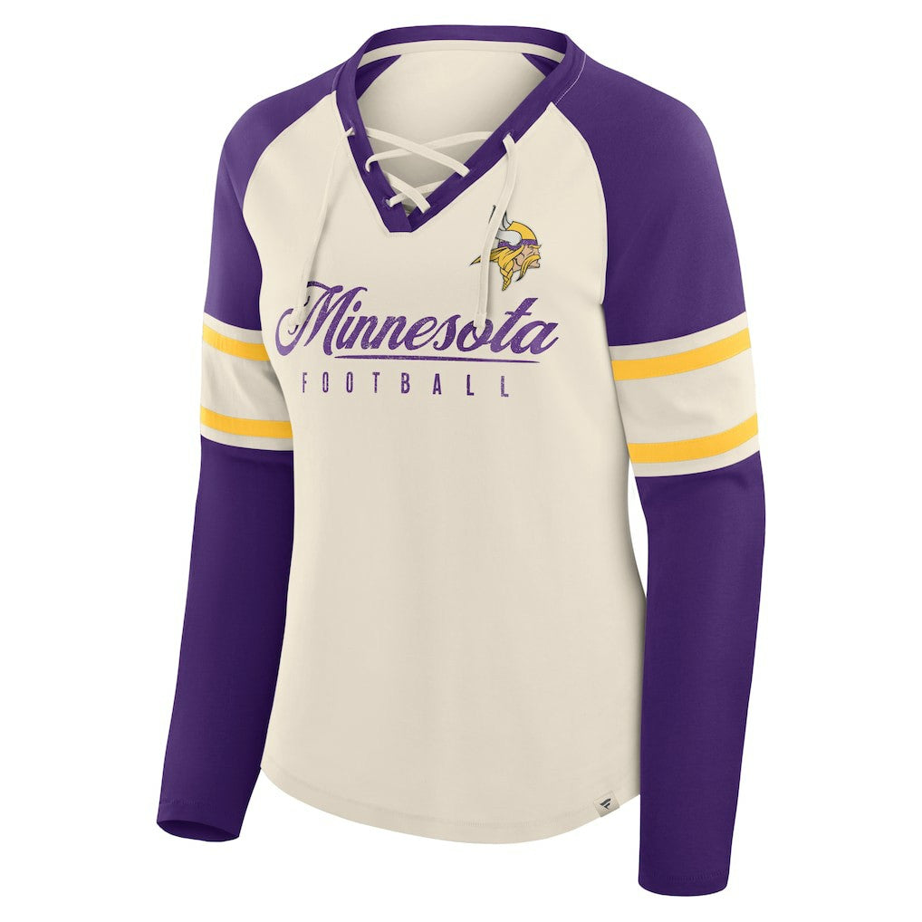 Minnesota Vikings Women's Hometown Gridiron Hero Raglan Lace-Up V-Neck Long Sleeve T-Shirt | NFL New