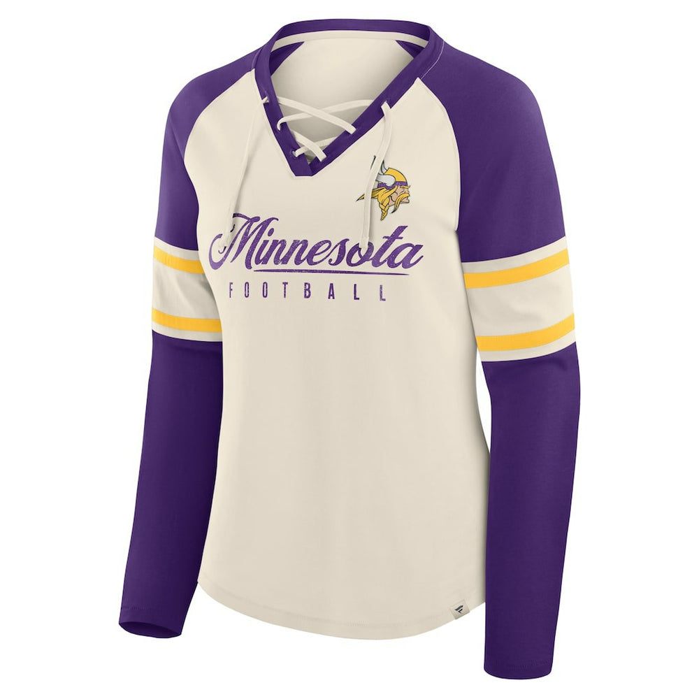 Minnesota Vikings Women's Hometown Gridiron Hero Raglan Lace-Up V-Neck Long Sleeve T-Shirt | NFL New