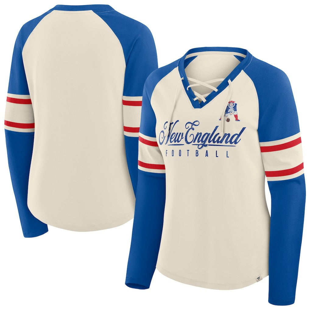 New England Patriots Women's Hometown Gridiron Hero Raglan Lace-Up V-Neck Long Sleeve T-Shirt | NFL Discount