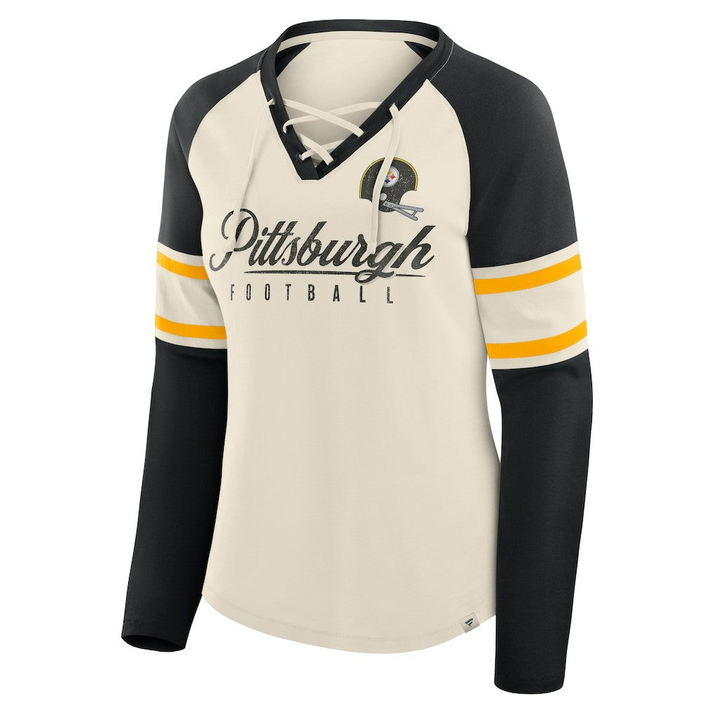 Pittsburgh Steelers Women's Hometown Gridiron Hero Raglan Lace-Up V-Neck Long Sleeve T-Shirt | NFL US