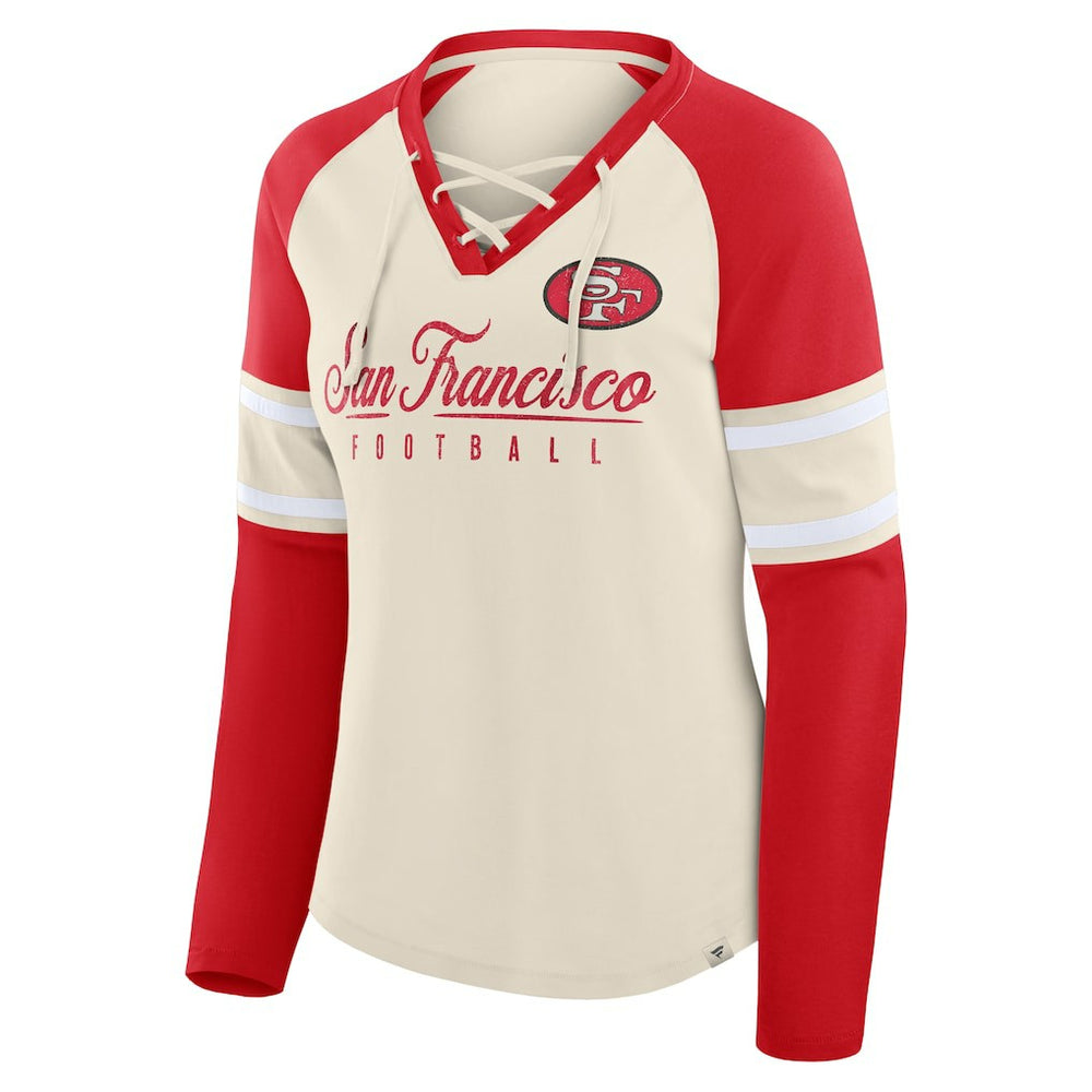 San Francisco 49ers Women's Hometown Gridiron Hero Raglan Lace-Up V-Neck Long Sleeve T-Shirt | NFL On sale