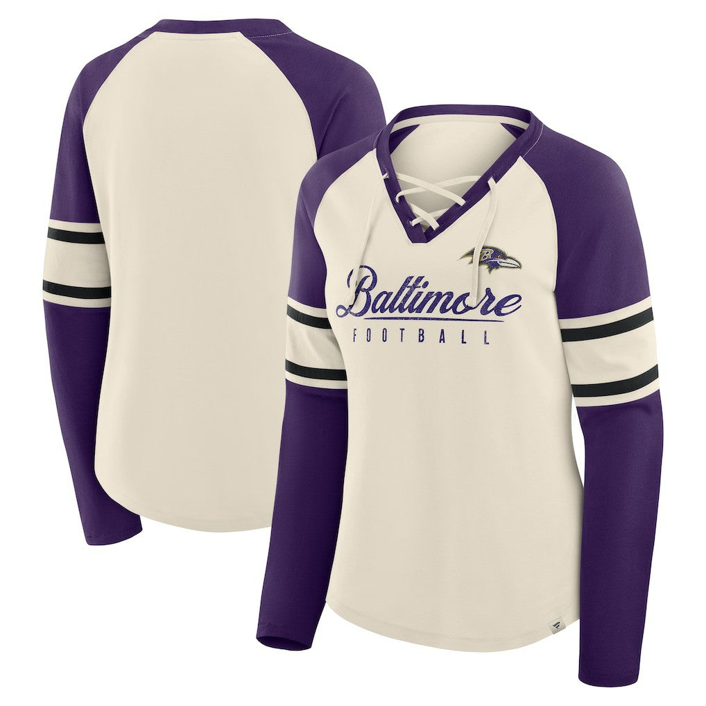 Baltimore Ravens Women's Hometown Gridiron Hero Raglan Lace-Up V-Neck Long Sleeve T-Shirt | NFL Hot