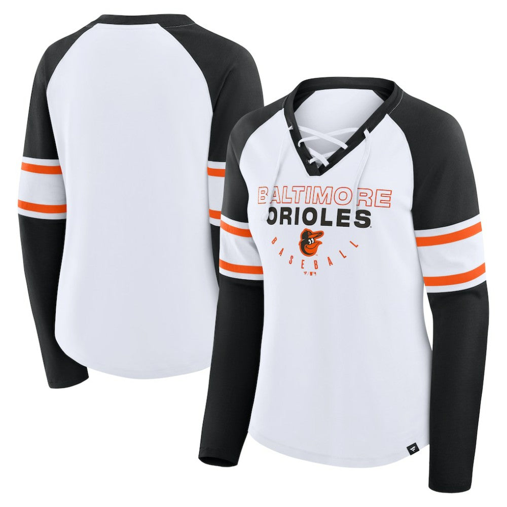 Baltimore Orioles Fanatics Women's Blitz Package Raglan Lace-Up V-Neck Long Sleeve T-Shirt - MLB T-shirts