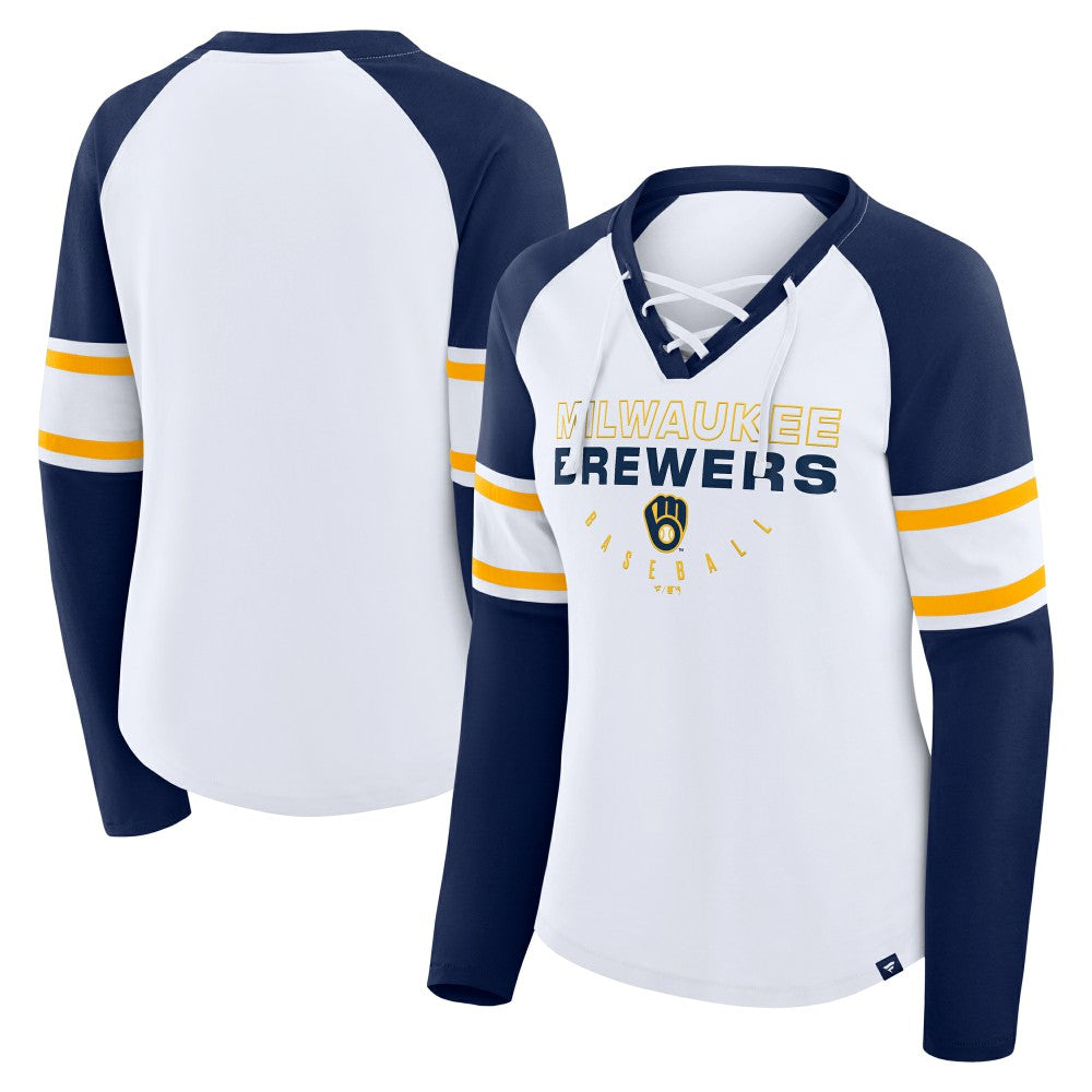 Milwaukee Brewers Fanatics Women's Blitz Package Raglan Lace-Up V-Neck Long Sleeve T-Shirt - MLB T-shirts