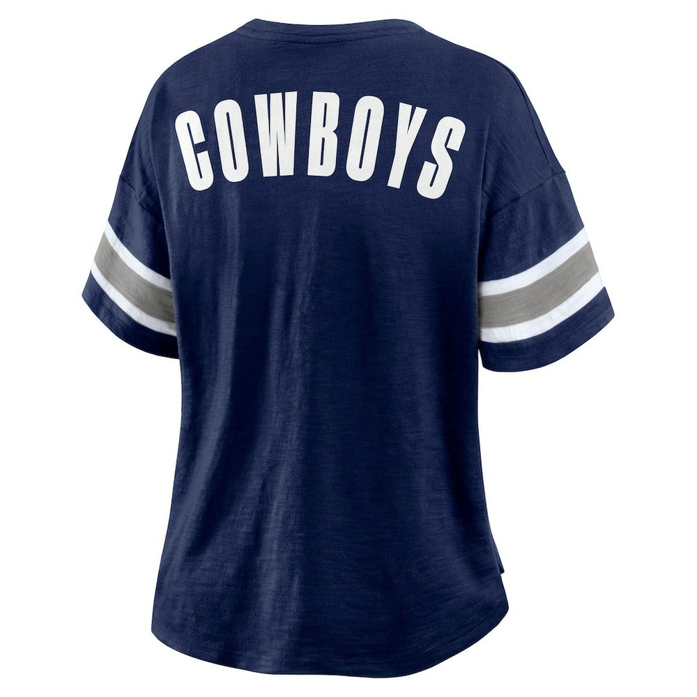 Dallas Cowboys Women's Redzone Bling Stripe Sleeve Notch Neck T-Shirt | NFL Online