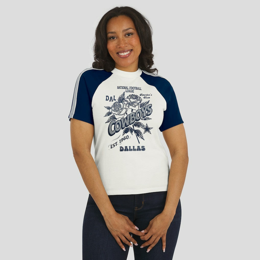 Dallas Cowboys WEAR by Erin Andrews Women's Sleeve Stripe Distressed Raglan T-Shirt | NFL Hot