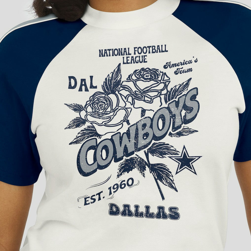 Dallas Cowboys WEAR by Erin Andrews Women's Sleeve Stripe Distressed Raglan T-Shirt | NFL Hot