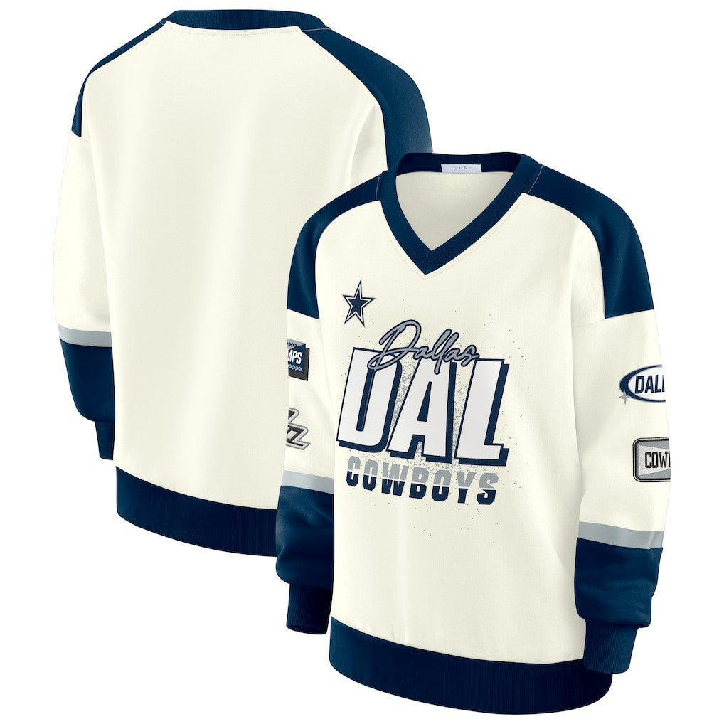 Dallas Cowboys WEAR by Erin Andrews Women's Racing Crew V-Neck Sweatshirt | NFL Outlet