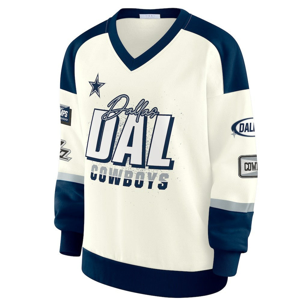 Dallas Cowboys WEAR by Erin Andrews Women's Racing Crew V-Neck Sweatshirt | NFL Outlet