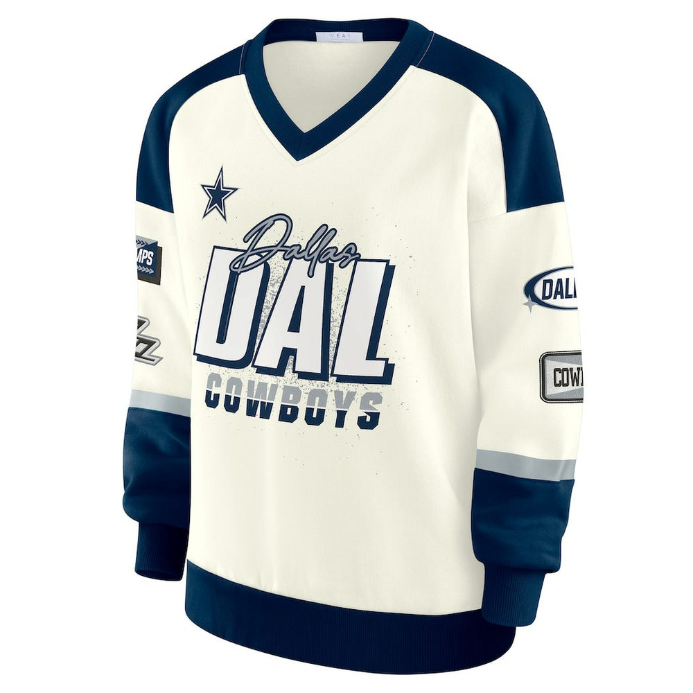 Dallas Cowboys WEAR by Erin Andrews Women's Racing Crew V-Neck Sweatshirt | NFL Outlet