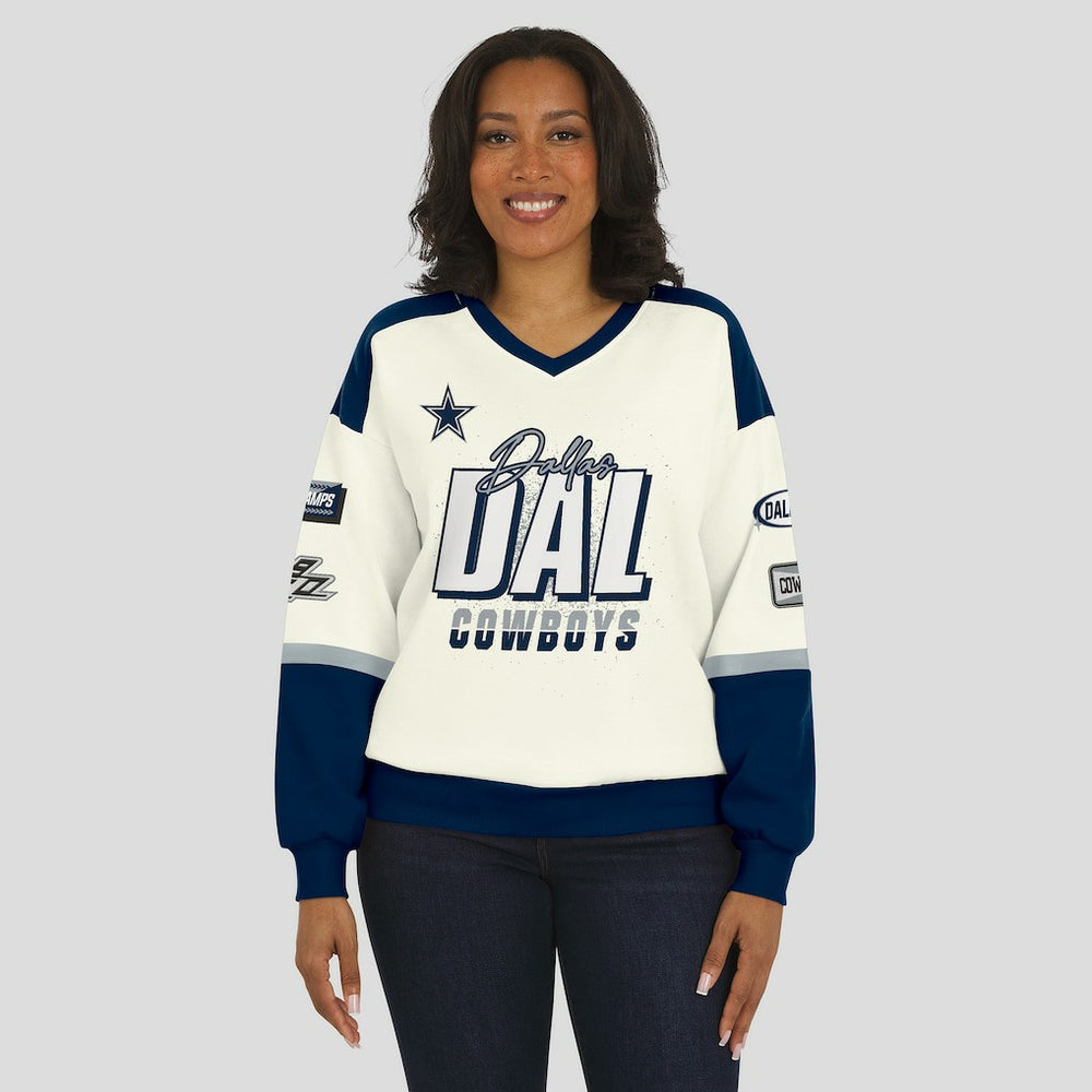 Dallas Cowboys WEAR by Erin Andrews Women's Racing Crew V-Neck Sweatshirt | NFL Outlet