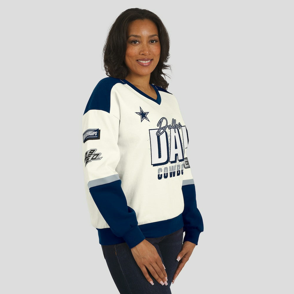Dallas Cowboys WEAR by Erin Andrews Women's Racing Crew V-Neck Sweatshirt | NFL Outlet