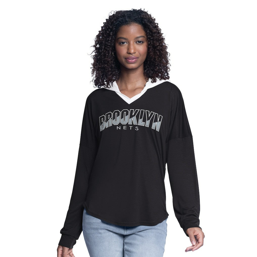 Black Brooklyn Nets G-III 4Her by Carl Banks Women's Bench Player Oversized Long Sleeve Hooded Top | NBA