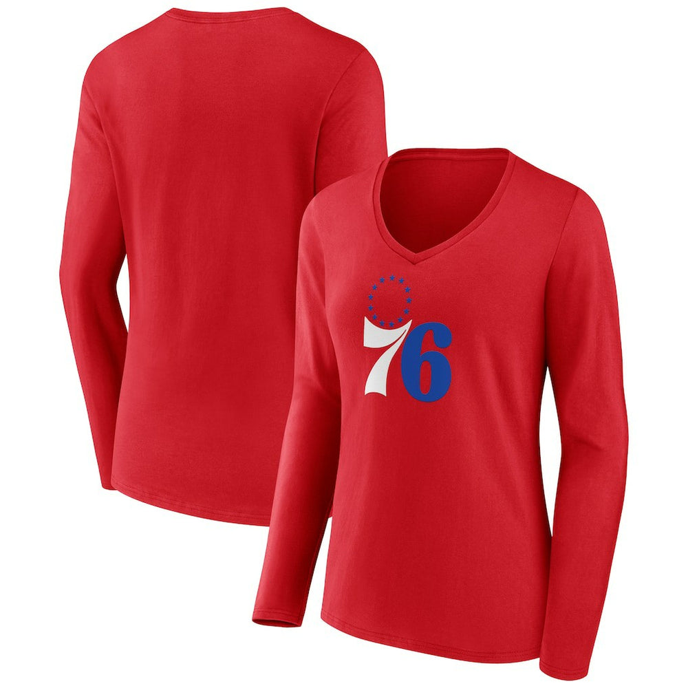 Red Philadelphia 76ers Women's Primary Logo Long Sleeve V-Neck T-Shirt | NBA
