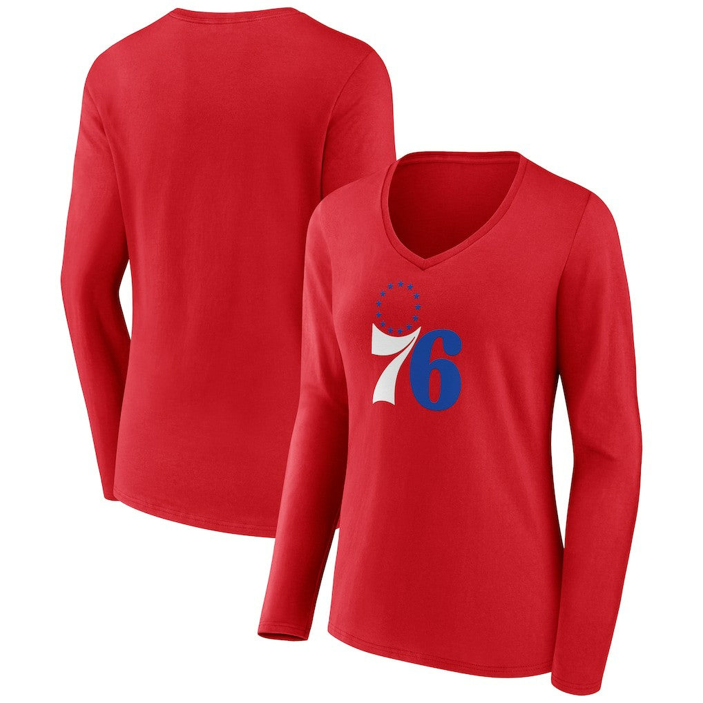 Red Philadelphia 76ers Women's Primary Logo Long Sleeve V-Neck T-Shirt | NBA