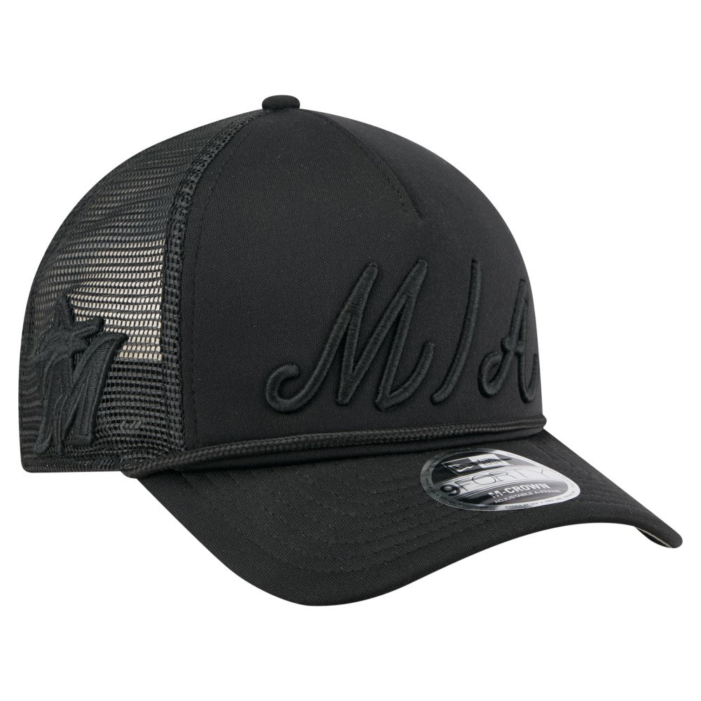 Miami Marlins New Era City Initial 9FORTY A-Frame M-Crown Adjustable Trucker Hat - MLB Hats