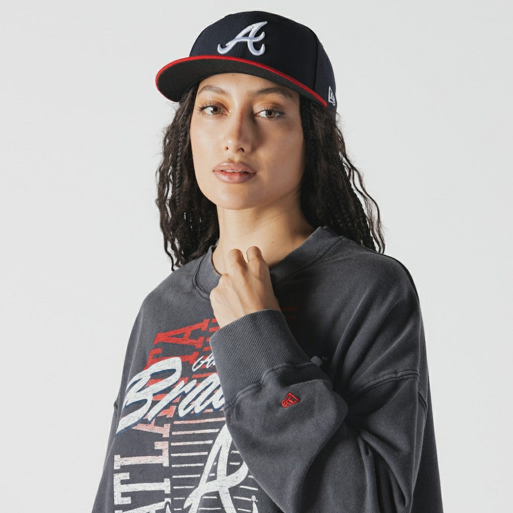 Atlanta Braves New Era Women's Boxy Mineral Wash Dolmen Sleeve Cropped Sweatshirt - MLB Sweatshirts