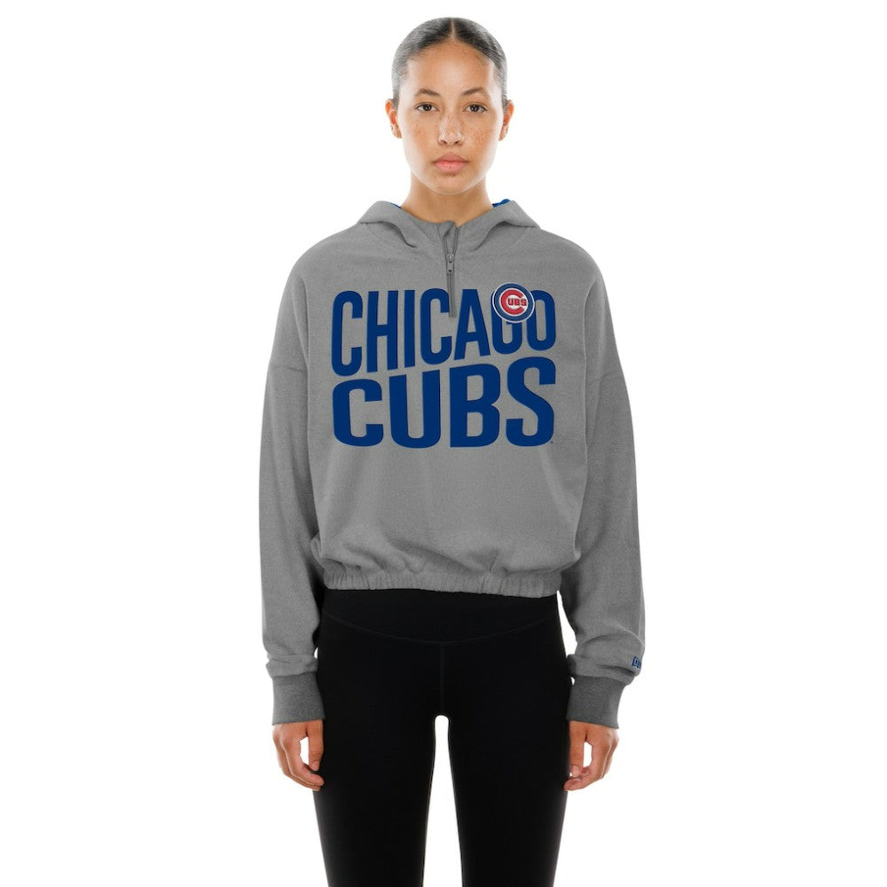 Chicago Cubs New Era Women's Reversed Out French Terry Quarter-Zip Banded Crop Hoodie - MLB Hoodies