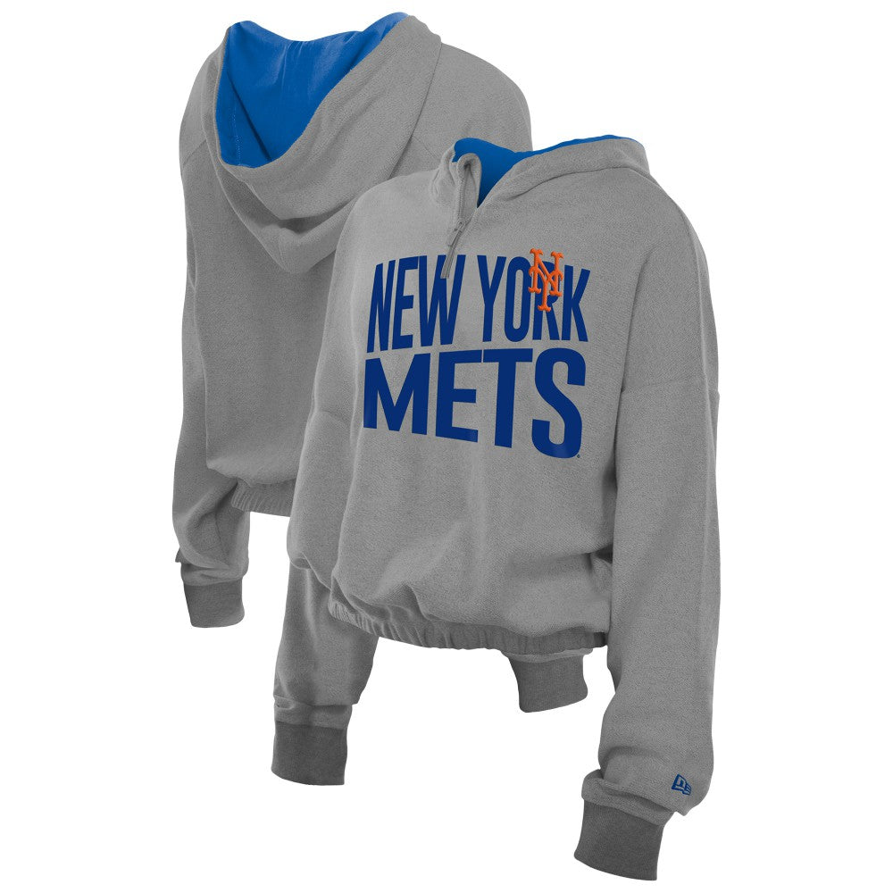 New York Mets New Era Women's Reversed Out French Terry Quarter-Zip Banded Crop Hoodie - MLB Hoodies