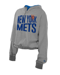 New York Mets New Era Women's Reversed Out French Terry Quarter-Zip Banded Crop Hoodie - MLB Hoodies