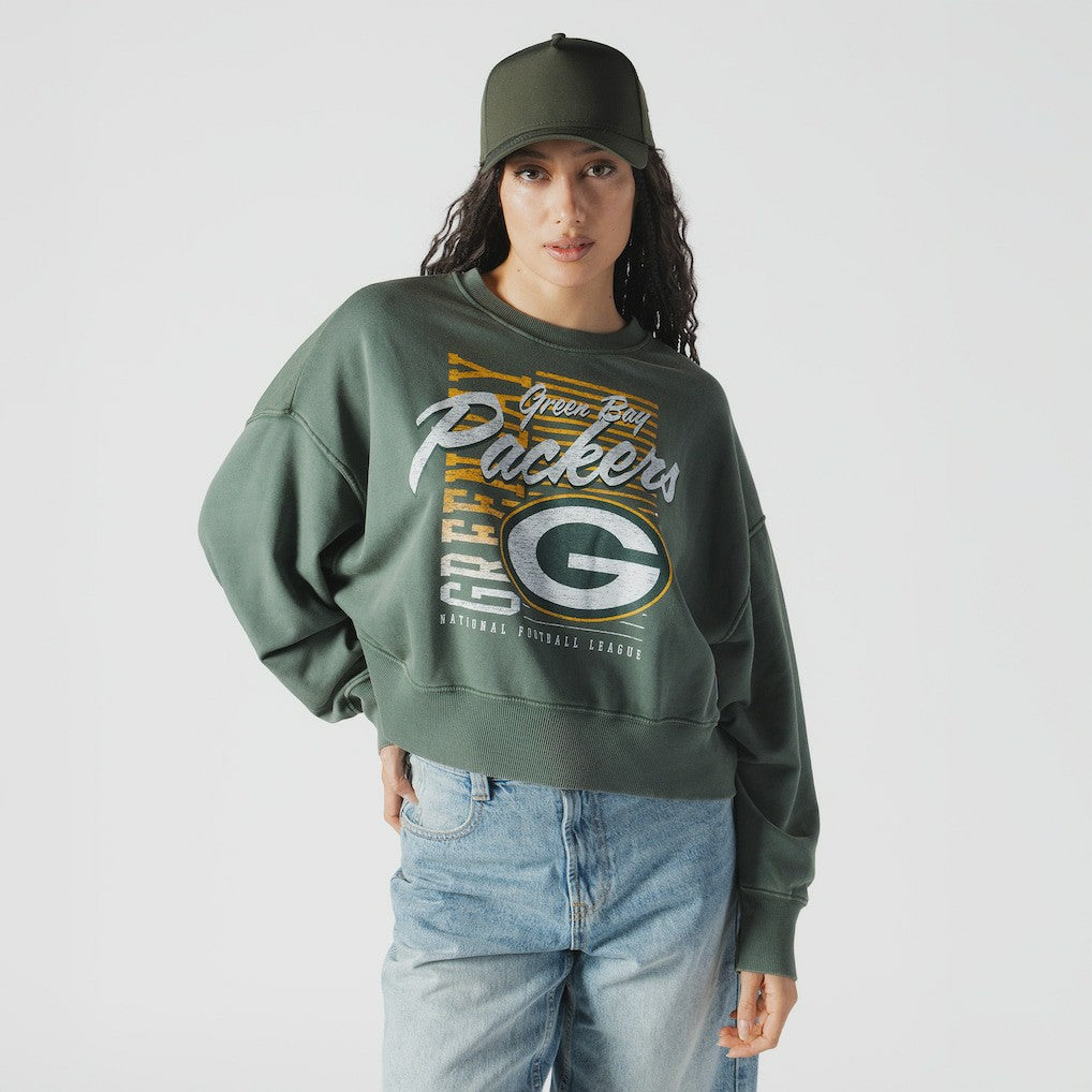 Green Bay Packers Women's Oversized Throwback Mineral Wash Crew Neck Sweatshirt | NFL Outlet