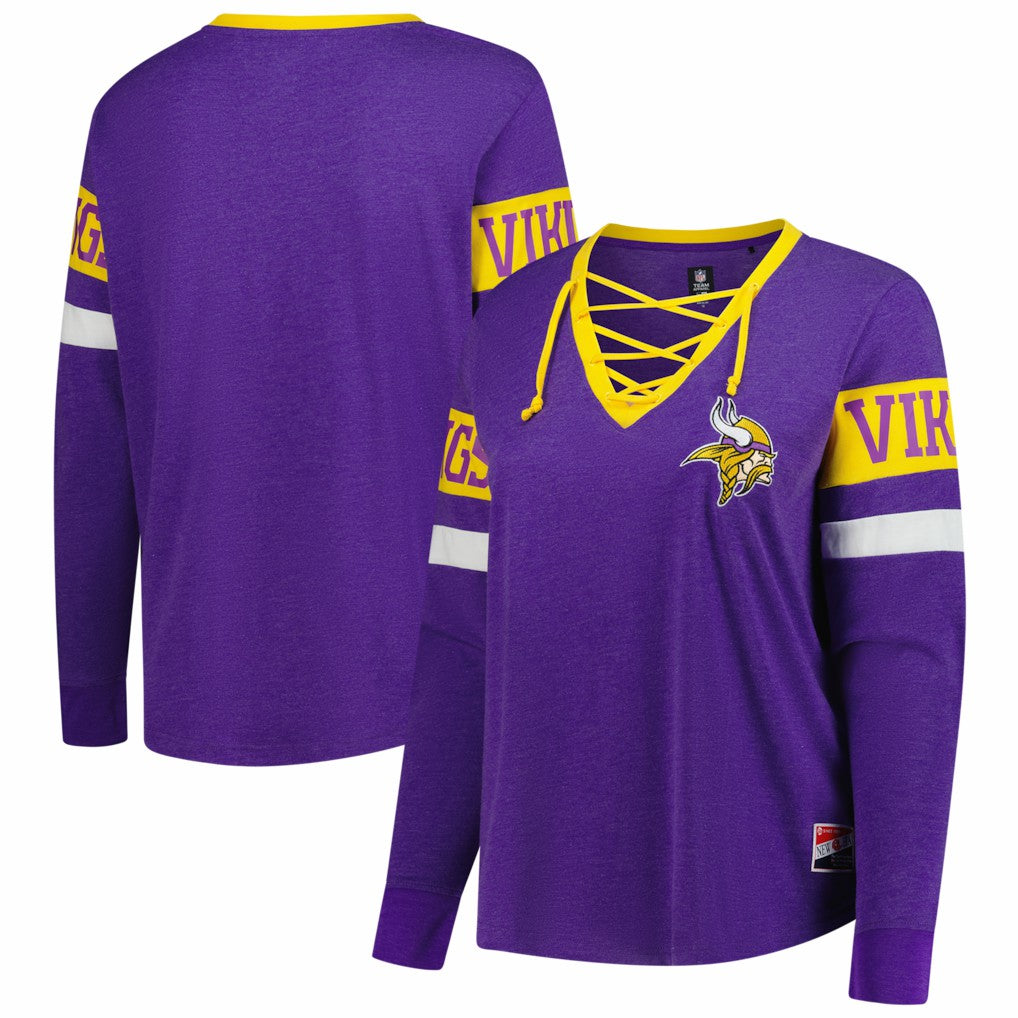 Minnesota Vikings Women's Plus Size Throwback Lace-Up Long Sleeve T-Shirt | NFL Outlet