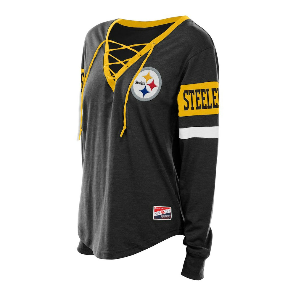 Pittsburgh Steelers Women's Plus Size Throwback Lace-Up Long Sleeve T-Shirt | NFL Outlet