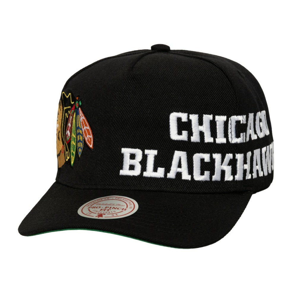 Chicago Blackhawks Mitchell & Ness Busted Logo Wordmark Wrap Around Pro Pinch Adjustable Hat -  NHL Hats