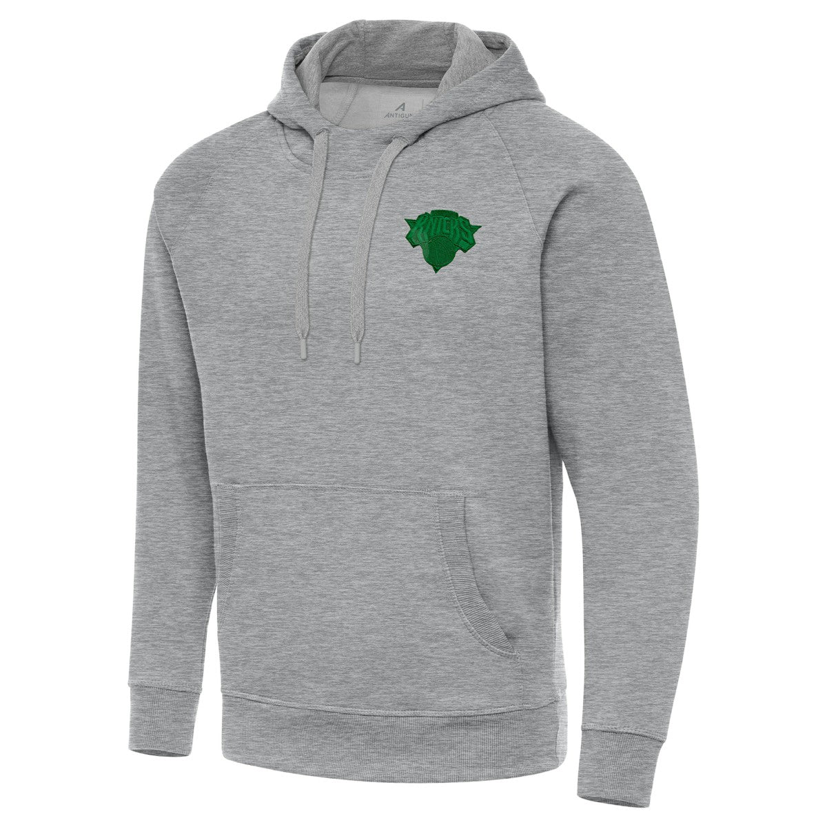 Heather Gray New York Knicks Antigua St. Patrick's Day Victory Raglan Pullover Hoodie | NBA