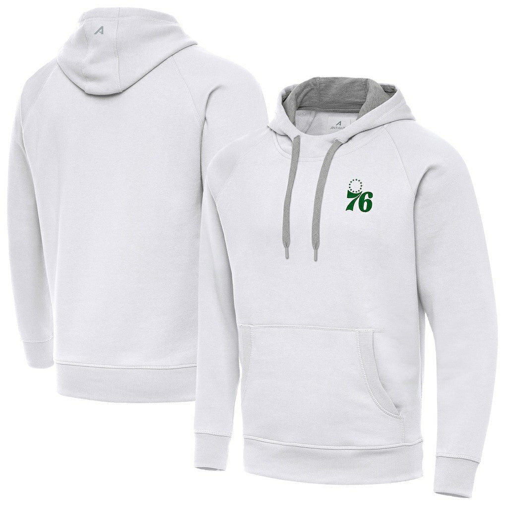 White Philadelphia 76ers Antigua St. Patrick's Day Victory Raglan Pullover Hoodie | NBA